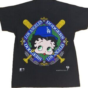 VTG 90's Betty Boop LA Dodgers Baseball Team MLB Black  T-shirt